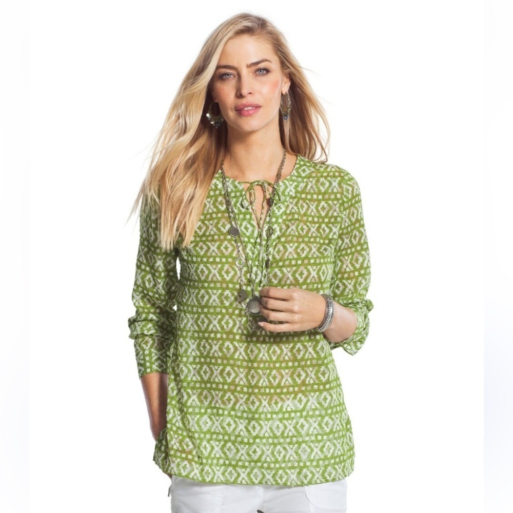Chico's Sheer Ikat Print Long Sleeve Peasant Tunic Top Lime Green White Small